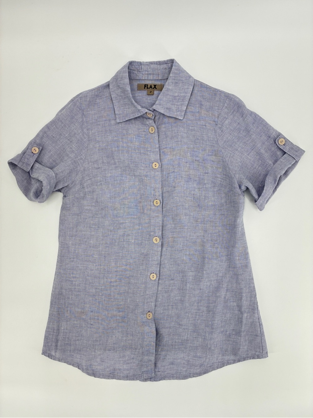 FLAX Linen Womens Button Up Blouse Shirt Top Short Sleeve Lavender Size P (4-6)